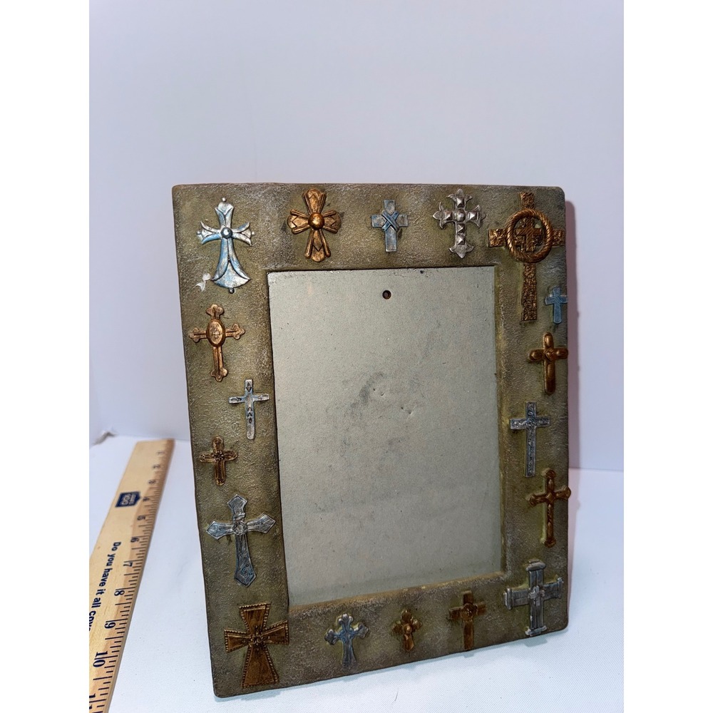 Rustic Religious Cross Photo Frame 4x6 Tabletop Decor Gold Silver Bronze Accents